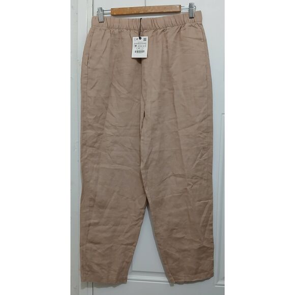 Zara womens medium 100% linen wide leg flowy pants beige ran elastic waist - Picture 1 of 8